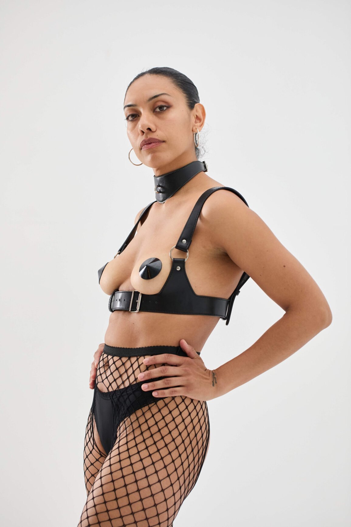 black leather harness lingerie